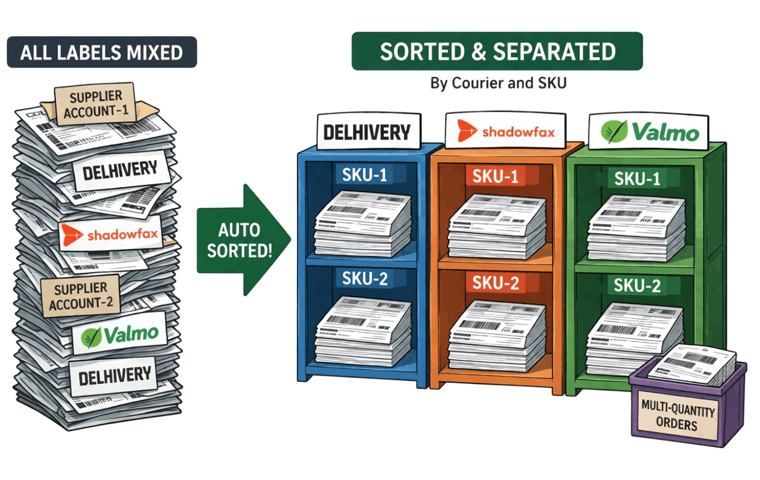 CropSort auto-sorting Flipkart and Meesho shipping labels by SKU – preview of sorted output