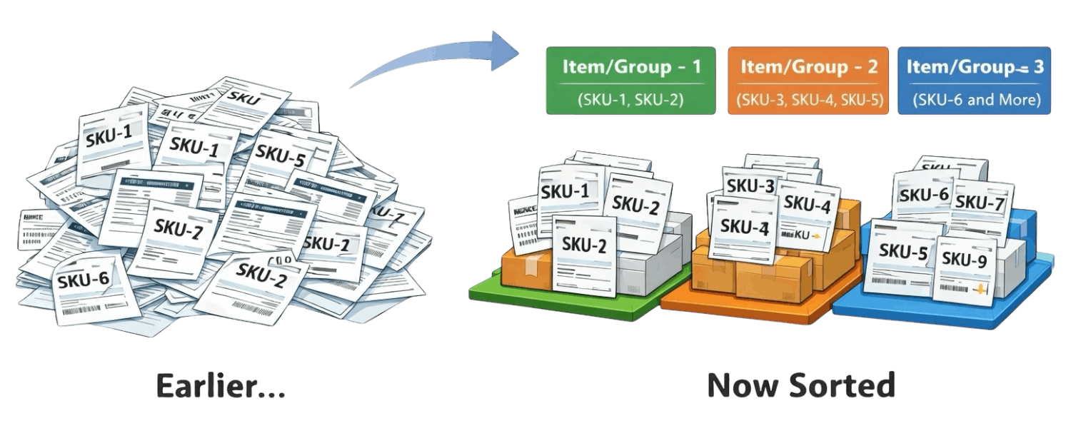 CropSort auto-sorting Flipkart and Meesho shipping labels by SKU – preview of sorted output